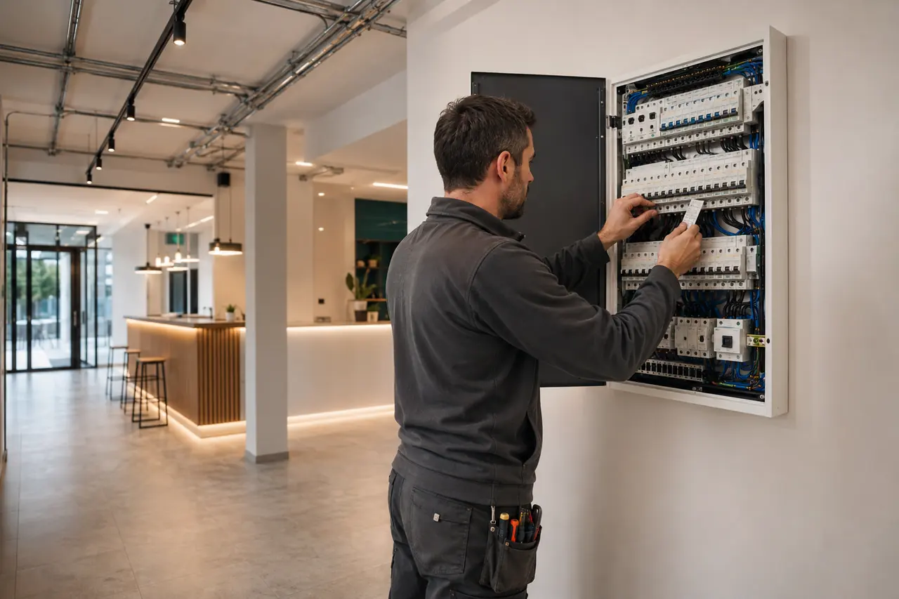Electricista revisando una instalación eléctrica renovada en un local comercial